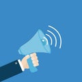 Businessman hand holding megaphone, speaker, loudspeaker icon. Announcement sign symbol. Flat design. Blue background. Isolated