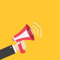 Businessman hand holding megaphone, speaker, loudspeaker icon. Announcement sign symbol. Flat design. Red color. Leftcorner templa Royalty Free Stock Photo