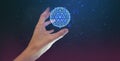 hand holding holographic of metaverse network on black background, metaverse internet social online technology, digital cryptocur