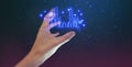 Hand holding holographic of metaverse network on black background, metaverse internet social online technology, digital cryptocur