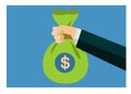 Businessman hand holding money bag. Simple flat illustration. Royalty Free Stock Photo