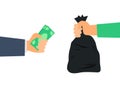 businessman hand holding money cash buy trash bag waste recycling industry vector