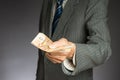 Businessman hand holding money, euro bills. Banknotes isolated gray background. Royalty Free Stock Photo