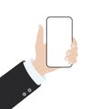 Businessman Hand Holding New Telephone With Blank White Screen. Vector Illustration