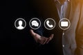 Businessman hand holding,pressing on icon phone, mail, telephone,message,post and person,user. Customer service call center Royalty Free Stock Photo