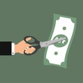 Businessman hand  holding scissors and cutting banknotes Royalty Free Stock Photo