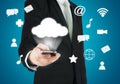 Businessman hand holding smart phone cloud connectivity Royalty Free Stock Photo