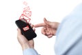 Businessman hand holding smart phone with icon mobile phone, mail, telephone and address. Man`s Hand holding a smartphone. A new Royalty Free Stock Photo