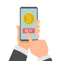 Businessman hand holding smartphone with Bitcoins on screen, Online bitcoin payment concept, Flat design vector Royalty Free Stock Photo