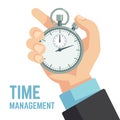 Businessman hand holding stopwatch or clock. Deadline, punctuality and time management business vector concept Royalty Free Stock Photo