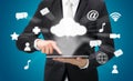 Businessman hand holding tablet cloud connectivity Royalty Free Stock Photo