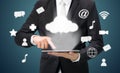 Businessman hand holding tablet cloud connectivity Royalty Free Stock Photo