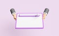 Businessman hand holding tablet, mobile phone,smartphone computer with blank search bar, magnifying isolated,purple background, Royalty Free Stock Photo