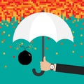 Businessman hand holding an white umbrella for protecting the bomb. Flat design vector illustration 