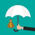 Businessman hand holding an white umbrella for protecting the money bag. Flat design vector illustration Royalty Free Stock Photo