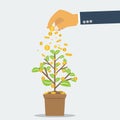 Businessman hand investing money coin tree with can. growth, investment concept with flat and solid color style. Royalty Free Stock Photo