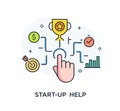 The businessman hand launches start-up, achieving goals, pride. Success. Line icon illustration