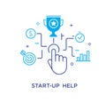 The businessman hand launches start-up, achieving goals, pride. Success. Line icon illustration