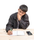 Businessman hand in Pen Pointing forward on the table on white background Royalty Free Stock Photo