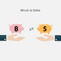 Businessman hand and piggy symbol.Dollar and Bitcoins exchange c