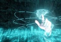 businessman hand point to touch the technology holographic with the 3D rendering of the earth screen background