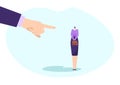 Businessman hand point to under stress tiny businesswoman character, leadership management flat illustration