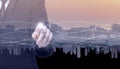 Businessman hand pointing on the background of city silhouette. Communication, technology, IoT, internet, global, network, Royalty Free Stock Photo