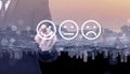 Businessman hand pointing on emoji icons on the background of city silhouette. Communication, technology, IoT, internet, global, Royalty Free Stock Photo