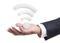 Businessman hand present big wireless wifi symbol. 3d rendering Royalty Free Stock Photo