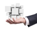 Businessman hand presents group of cubes in open palm. 3d rendering