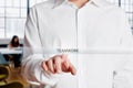 Businessman hand presses teamwork button on a virtual touch screen. Business team, collaboration or teamwork Royalty Free Stock Photo