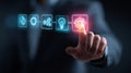 Businessman hand pressing glowing gear icon on virtual screen with technology and innovation concept, showing progress and idea Royalty Free Stock Photo
