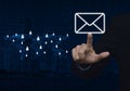 Businessman hand pushing email icon with light blue world map co Royalty Free Stock Photo