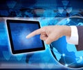 Businessman hand pushing tablet computer Royalty Free Stock Photo