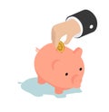 Businessman hand put piggy bank with coin Isometric