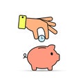 Businessman hand putting clock into piggy bank color icon, vector time saving business concept Royalty Free Stock Photo
