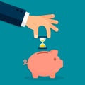 Businessman hand putting clock into piggy bank, time management and time saving concept. Vector Royalty Free Stock Photo