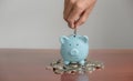 Businessman hand putting coin into blue piggy bank Royalty Free Stock Photo