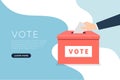 Businessman hand putting voting paper in the ballot box. Voting concept in flat style banner. Royalty Free Stock Photo