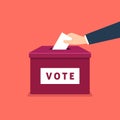 Businessman hand putting voting paper in the ballot box. Voting concept in flat style. Royalty Free Stock Photo