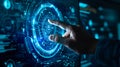 Businessman hand reaches out to touch a virtual screen display digital transformation. Generative Ai