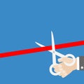 Businessman hand scissors cut the straight red ribbon. Grand opening ceremony. Inauguration Flat design style. Isolated template.