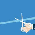 Businessman hand scissors cut the straight ribbon right corner. Grand opening ceremony. Inauguration Flat design style. Isolated