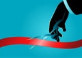 Businessman hand with scissors cutting red ribbon