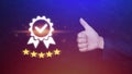 Businessman hand shows the symbol of the top service Quality assurance 5 star with thumb up , Guarantee, best product, Standards, Royalty Free Stock Photo