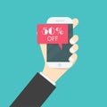 Businessman hand and smart phone icon with special offer sale re Royalty Free Stock Photo