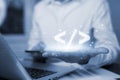 Businessman hand touch with Code html and programming on screen laptop,Programmer development Computer code Royalty Free Stock Photo