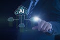 Businessman hand touching on cloud computing icon and connect to data technology. Cloud storage, data transfer, cybersecurity, and Royalty Free Stock Photo