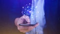 Businessman hand touching global infrastructure network smartphone on virtual screen working with client base online and customer Royalty Free Stock Photo