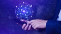 Businessman hand touching global infrastructure network smartphone on virtual screen working with client base online and customer Royalty Free Stock Photo